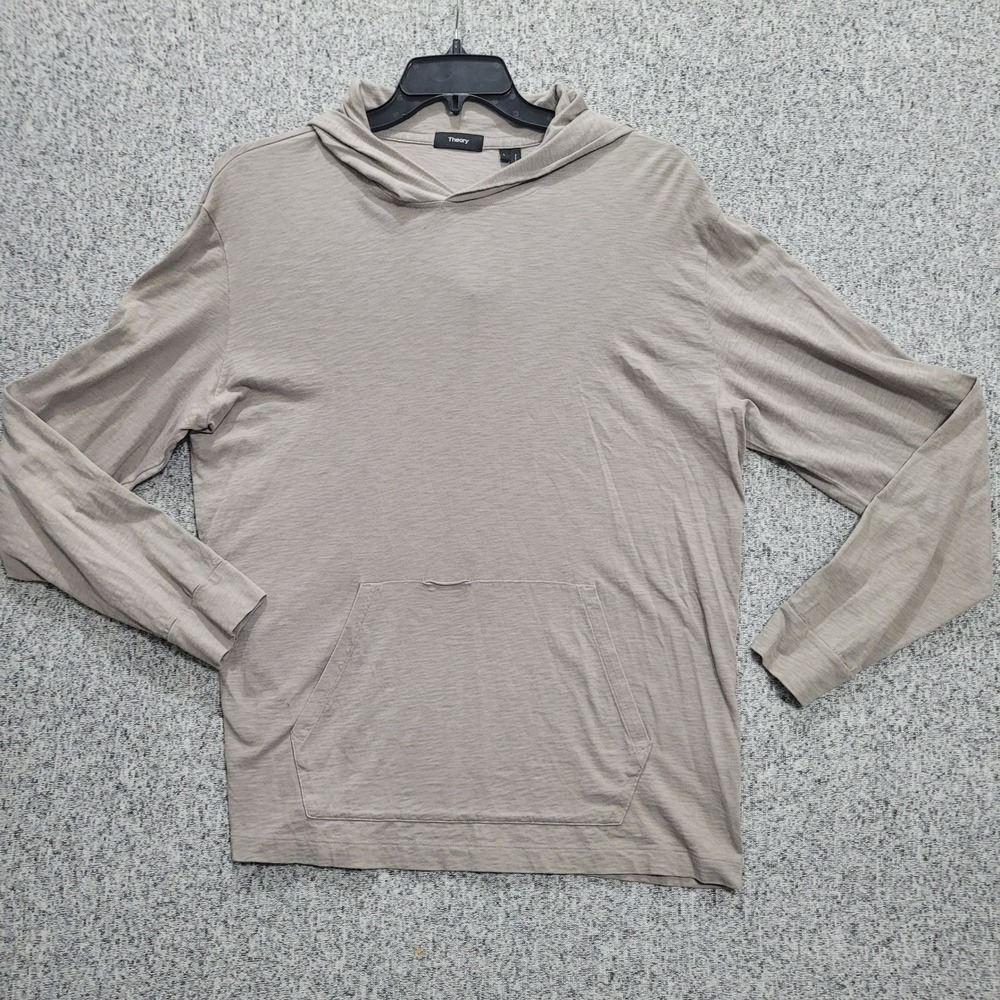 Theory Mens Tan Beige Slub Jersey Long Sleeve Kangaroo FLAW Pocket Hoodie Size L